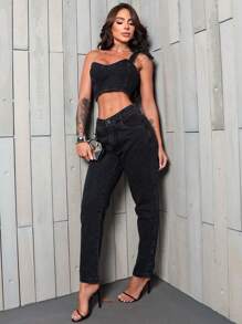 Mon Jeans - With Application - Dark Grey - View 1