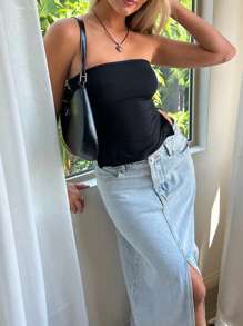 Women Tube Tops Solid Color Slit Strapless Tank Tops Summer Backless Bandeau Shirts Streetwear - Black - View 3