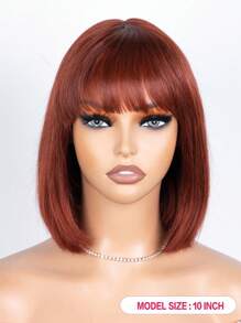 Peluca Bob sin pegamento con flequillo, peluca Bob corta de cabello humano liso con parte superior de encaje de 2.5"x1", peluca Bob de color negro natural con textura de cabello liso Yaki, peluca mini de encaje de color marrón rojizo - Óxido marrón - Ver 4