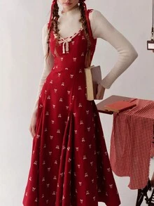 Women's Butterfly Print Contrast Lace Hem Flared Cami Dress - Red - View 6