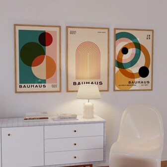 3pcs Unframed Canvas Wall Arts Posters, Bauhaus Geometric Gallery Wall Art Poster, Vintage Mid-Century Modern Style For Living Room, Bedroom, Hallway, Perfect Wall Home Decor Poster Gifts
