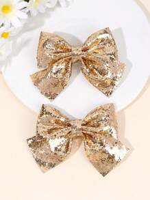 2pcs Shiny Solid Hair Clips, Gold Glitter Bow, Alligator Clips, Suitable For Girls' Party, Prom And Other Occasions, Shiny Girl's Pigtail Bow Hair Clips, Teenage Hair Accessories - Gold - View 7