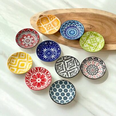 10pcs Ceramic Seasoning Dishes, Bohemian Style Plates, Sauce Dishes, Household Soy Sauce Vinegar Spice Plates, Suitable For Home Kitchen, Restaurant, Sushi Bar, Party, Hot Pot, Picnic, Camping, Barbecue, Cold Dish, Kitchen Utensils, Tableware Accessories Back To School,School Supplies