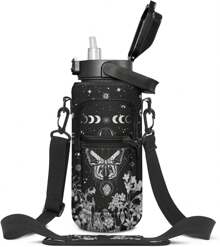 Xidingyue Goth Moon Half Gallon Water Bottle With Sleeve - Flip Top Water Bottle 64 OZ - With Time Marker Leakproof Water Jug - Motivational Water Bottle For Halloween Spooky Gifts For Women