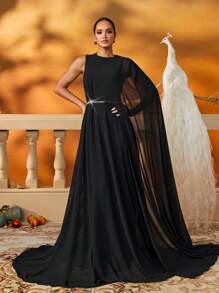 AmazingHoney Elegant Black Chiffon Modest Dress With Flowing Draped Sleeve And Beaded Waist Detail, Prom Dresses For Women,Arabic Dresses For Women - Black - View 3