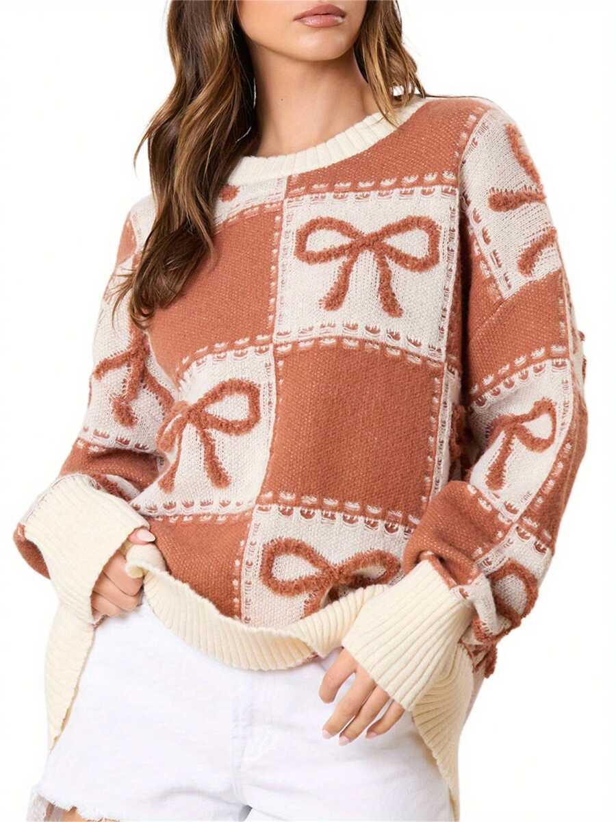 Women's Autumn Winter Knit Sweater Long Sleeve O Neck Bow Print Casual Knitwears - 卡其色 - 查看 1