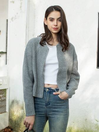 HH 女士休闲拉链纯色长袖针织毛衣夹克