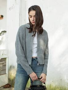 Women's Casual Zip-Up Solid Color Long Sleeve Knit Sweater Jacket - Grey - View 11