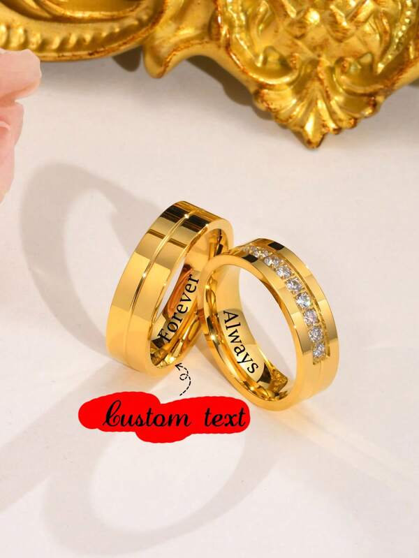 2pcs Minimalist Personalized Laser Engraved Cubic Zirconia Couples Gold Stainless Steel Rings, Valentine's Day Wedding Gift Valentines