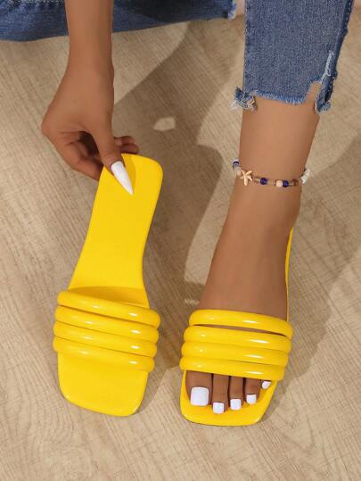 Damen Flache Gleitpantoffeln, gestreifte glitzernde Offene-Zeh Pantoffeln, modische bequeme Sandalen, rutschfeste Pantoffeln mit dickem Riemen, vielseitig