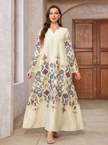 V-Neck Dress, All-Over Placement Print, Thick Soft Four-Way Stretch Fabric, Elegant Luxurious Arabic Style Abaya,Modest