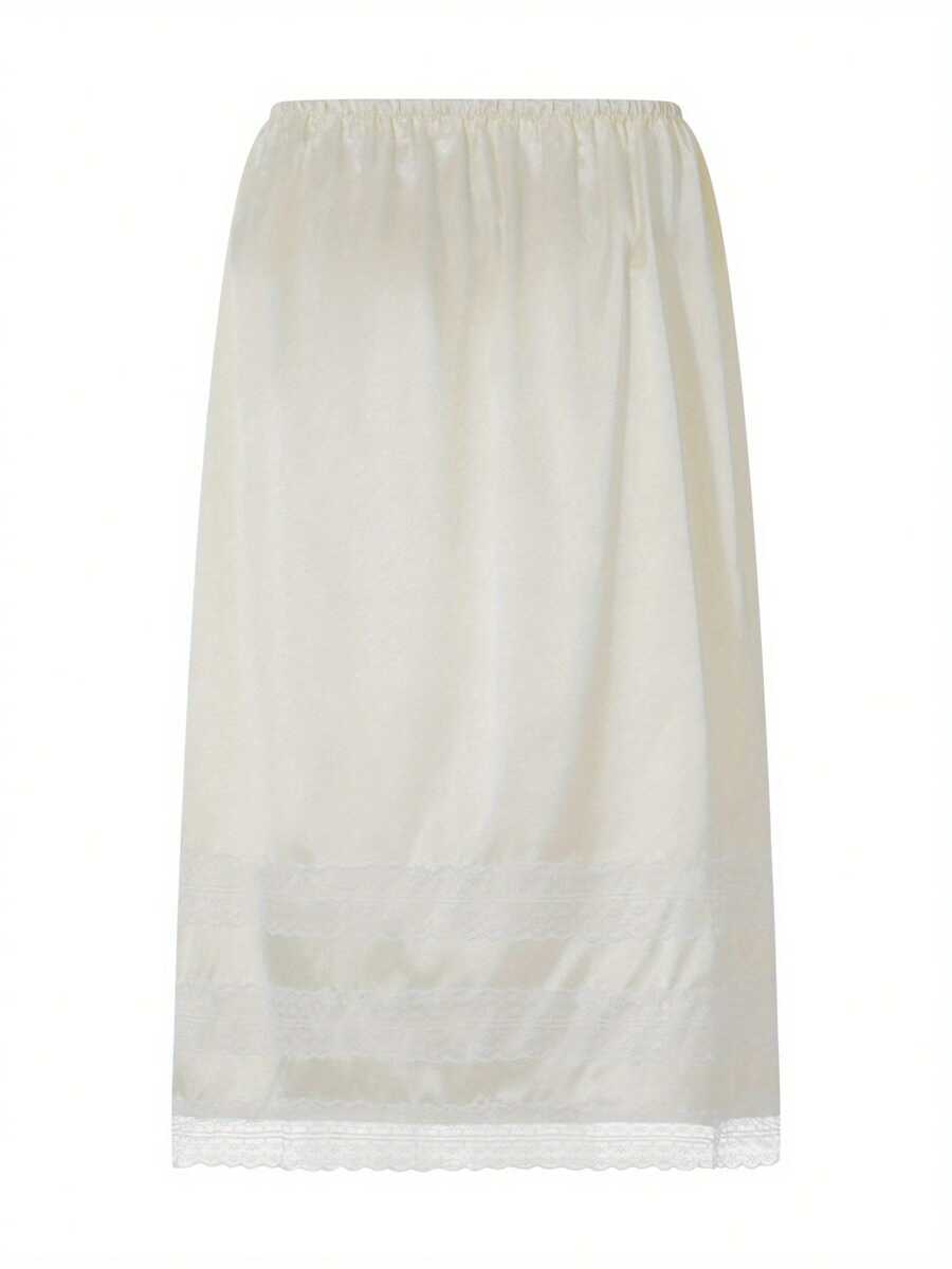 Women's Vintage Solid Color Lace Maxi Skirt With Elasticated Waist, Smooth Loose Wrap Dress - Blend, Machine Washable - 象牙白 - 查看 1