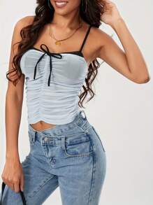 Women's Summer Fashion Cami Tops Sleeveless Ruched Tie Up Contrast Color Vest Tops - Light Blue - View 7
