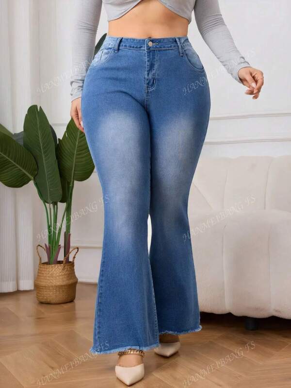 Plus Size Women Flared High Waist Jeans, Long Mother Stretch Slim Fit Jeans