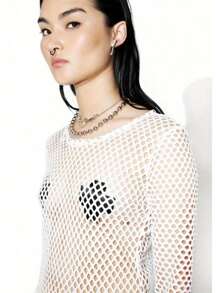 Ladies Fashion Mesh Top Long Sleeve Round Neck Stretch Casual Solid Color Sexy T Shirt Blouse