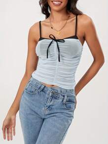 Women's Summer Fashion Cami Tops Sleeveless Ruched Tie Up Contrast Color Vest Tops - Light Blue - View 3