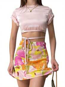 Faldas mini de mujer elegantes, casuales, sexys, de corte A, estilo bohemio vintage, con estampado floral, cintura alta y cremallera lateral. - Rosa - Ver 6