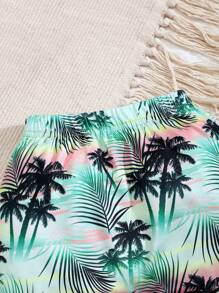 Baby Boy Summer Casual Coconut Tree & Sunset Print Patchwork Round Neck Short Sleeve T-Shirt & Full Print Shorts Set, Suitable For Beach Holiday, Vacation, Daily Wear