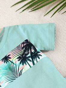 Baby Boy Summer Casual Coconut Tree & Sunset Print Patchwork Round Neck Short Sleeve T-Shirt & Full Print Shorts Set, Suitable For Beach Holiday, Vacation, Daily Wear
