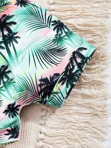 Baby Boy Summer Casual Coconut Tree & Sunset Print Patchwork Round Neck Short Sleeve T-Shirt & Full Print Shorts Set, Suitable For Beach Holiday, Vacation, Daily Wear