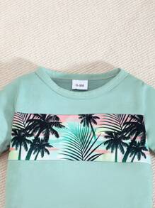 Baby Boy Summer Casual Coconut Tree & Sunset Print Patchwork Round Neck Short Sleeve T-Shirt & Full Print Shorts Set, Suitable For Beach Holiday, Vacation, Daily Wear