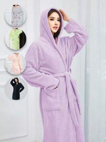 1pc Autumn/Winter Thermal Lined V-Neck Long Cardigan Robe, Coral Fleece Lined Long Sleeve With Pockets Casual Plush Robe, Women Sleepwear