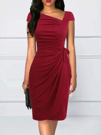 Women Elegant Asymmetrical Neck Pleated Twist Wrap Dress