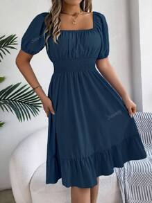 Vestido mini casual de vacaciones de primavera/verano para mujer con mangas abullonadas, cordón y estampado floral diminuto
