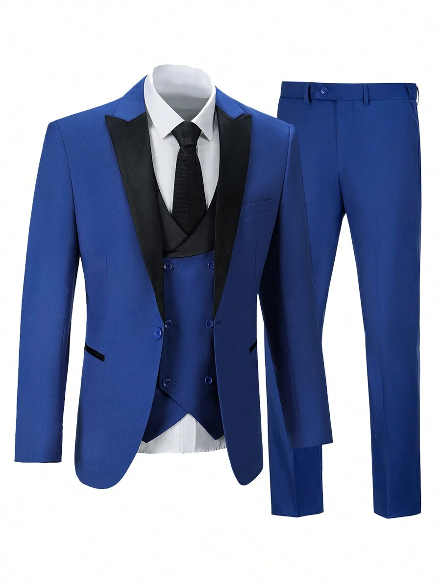 Furuyal 3-Piece Men's Suit Set Including Jacket, Pants, And Vest In Navy Blue, Gentleman's Business Style Slim Fit Suit For Wedding, Party, Travel, Work - Royal Blue - View 1