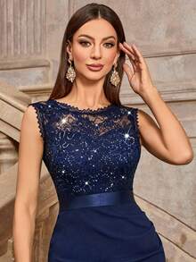 MIUSOL 经典亮片花卉蕾丝圆领无袖鸡尾酒会修身连衣裙，优雅女士连衣裙 - 藏蓝色 - 查看 8