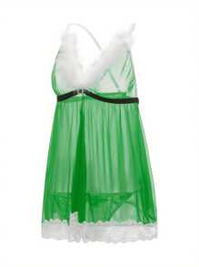 Women Christmas Lingerie Sling Nightdress Plush Trim Lace Patchwork V-Neck Sleeveless Santa Babydoll Lingerie Sleepwear Chemise - Green - View 3