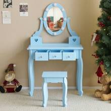 Kids Girls Vanity Table Set Makeup Dressing Table Stool Mirror With 3 Drawers