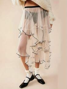Women Sheer Tulle Skirt Casual Summer Irregular Layered Ruffled Elastic Skirt For Beach Vacation Club Streetwear - 白色 - 查看 4