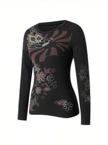 Women Basic Shirt Autumn Casual Vintage Print Long Sleeve Round Neck Tops Club Streetwear - Đỏ - Xem 6