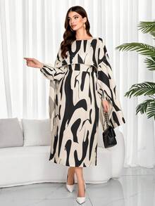 2024秋冬新款女式二合一连衣裙阿拉伯长袍优雅通勤艺术印花女士长袖