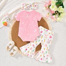 Set de 3 piezas: body de manga corta con estampado de conejito de Pascua, pantalones acampanados y diadema para bebé niña