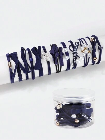 12pcs Bow & Faux Pearl Decor Hair Tie Ponytail ,Hair Elastics ,Hair Rubber Bands ,Scrunchies ,Hair Rope