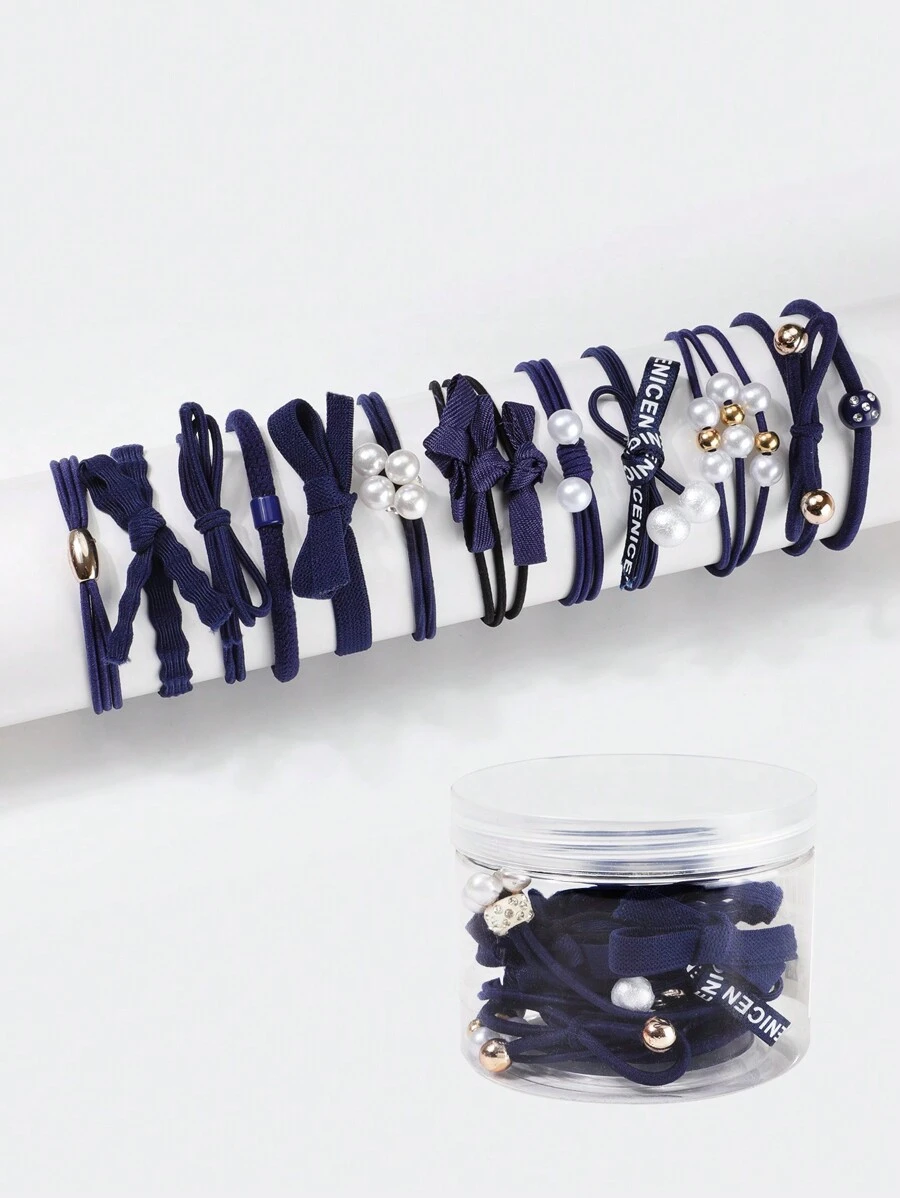 12pcs Bow & Faux Pearl Decor Hair Tie Ponytail ,Hair Elastics ,Hair Rubber Bands ,Scrunchies ,Hair Rope - Navy Blue - View 1