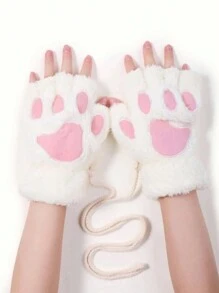 1 Pair Cute Cat Paw Design Fingerless Gloves, Thick Plush Bear Paw Style - White - View 4