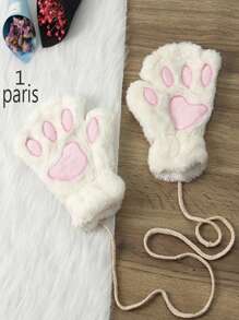 1 Pair Cute Cat Paw Design Fingerless Gloves, Thick Plush Bear Paw Style - White - View 2