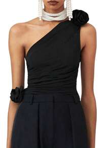 Women Solid Color Tank Tops Summer One Shoulder Sleeveless 3D Rosette Ruched Tops