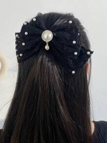 1pc Women's Fashion Elegant High-End White & Black Pearl Bow Hair Clip, Suitable For Daily, Festival, Party, Outing Wear - Multicolor - View 2