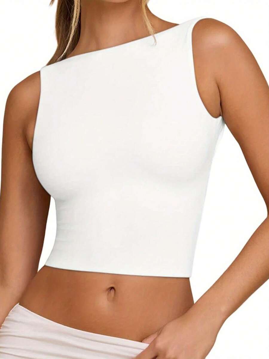 Women's Tank Tops Casual Slim Fit Boat Neck Sleeveless Open Back Solid Color Shirt For Summer Women's Vest, Sports Vest, Camisole Vest, High Elasticity Sports Vest, Home Commuting Vest, Skin Friendly And Comfortable To Wear - White - View 1