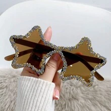 1 Pc Y2K Vintage Style Dopamine Fashion Glasses With Stars Design, Handmade Rhinestone Decoration, Frameless, Unique And Fashionable, Ideal For Wedding, Beach Party, Dance Party And Outdoor Activities Shades Beach Accessories Halloween Beach Accessories For Women Glasses Shades Basics Fall Winter Women Outfits Clothes Business Casual Gifts