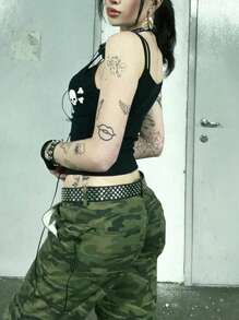 Women Goth Tank Tops Vintage Skull Print Backless Low Cut Camisoles Grunge Sleeveless Slim Fit Shirt Streetwear - Black - View 6