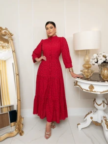Long Dress With Long Sleeves Lese Cotton Mesh Social Party - 紅色 - 查看 2