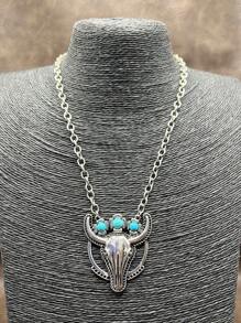 1pc Fashion Retro Western Style Metal Chain/Turquoise Pendant Necklace, Suitable For Women, Girls, Men, Boys To Match Daily Outfit, Party Accessories, Jewelry, Gift For Family/Friends/Yourself