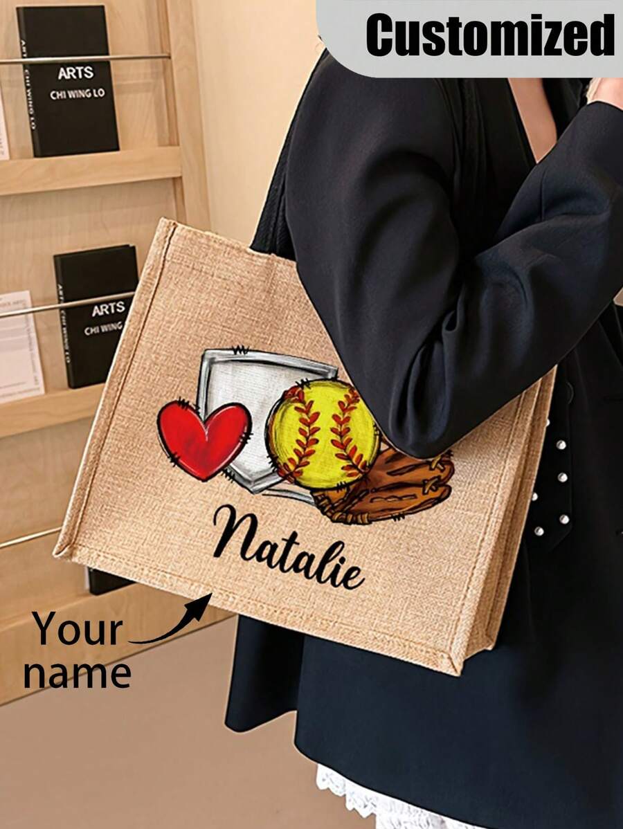 Personalized Softball Tote Bag With Custom Name - Fashion Polyester Beach Bag With Fixed Shoulder Straps, Hand Washable, No-Closure, Unlined With Custom Softball Player Print - Monogrammed Gift For Softball Team, Players, Moms Bags Ladies, School Supplies, For Teacher, For Boys And Girls, For Teenagers, Junior High School Students, Middle School Students, High School Senior High School Students, College Students, University Students, Freshman, Sophomore, Underclassmen - Multicolor - View 1