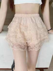 Womens Layered Ruffle Shorts Casual Elastic Waist Solid Color Lace Bloomers Lolita Clothes - 香檳色 - 查看 8