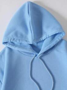 Cartoon Letter Print Drop Shoulder Drawstring Thermal Lined Hoodie - Blue - View 4